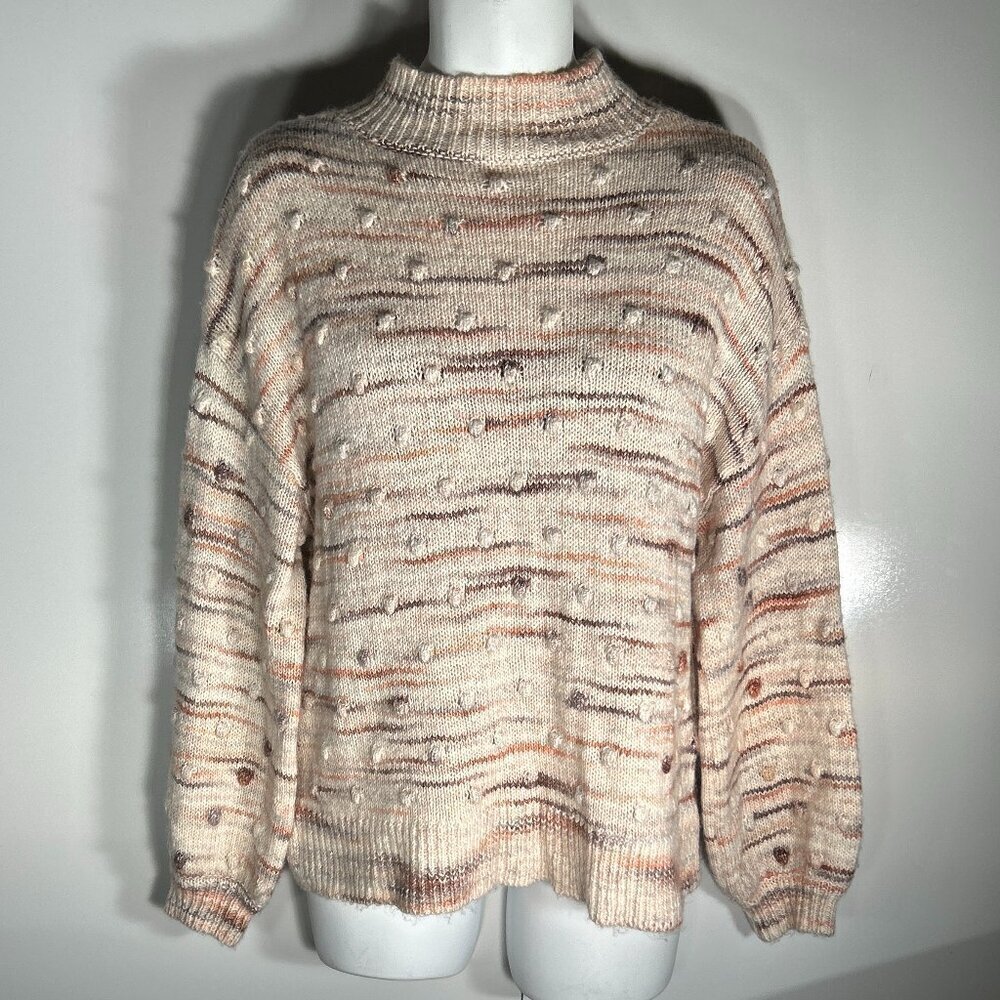 LOFT SZ L Pink stripe turtleneck Wool Blend sweater Cozy Fisherman Heritage Acad